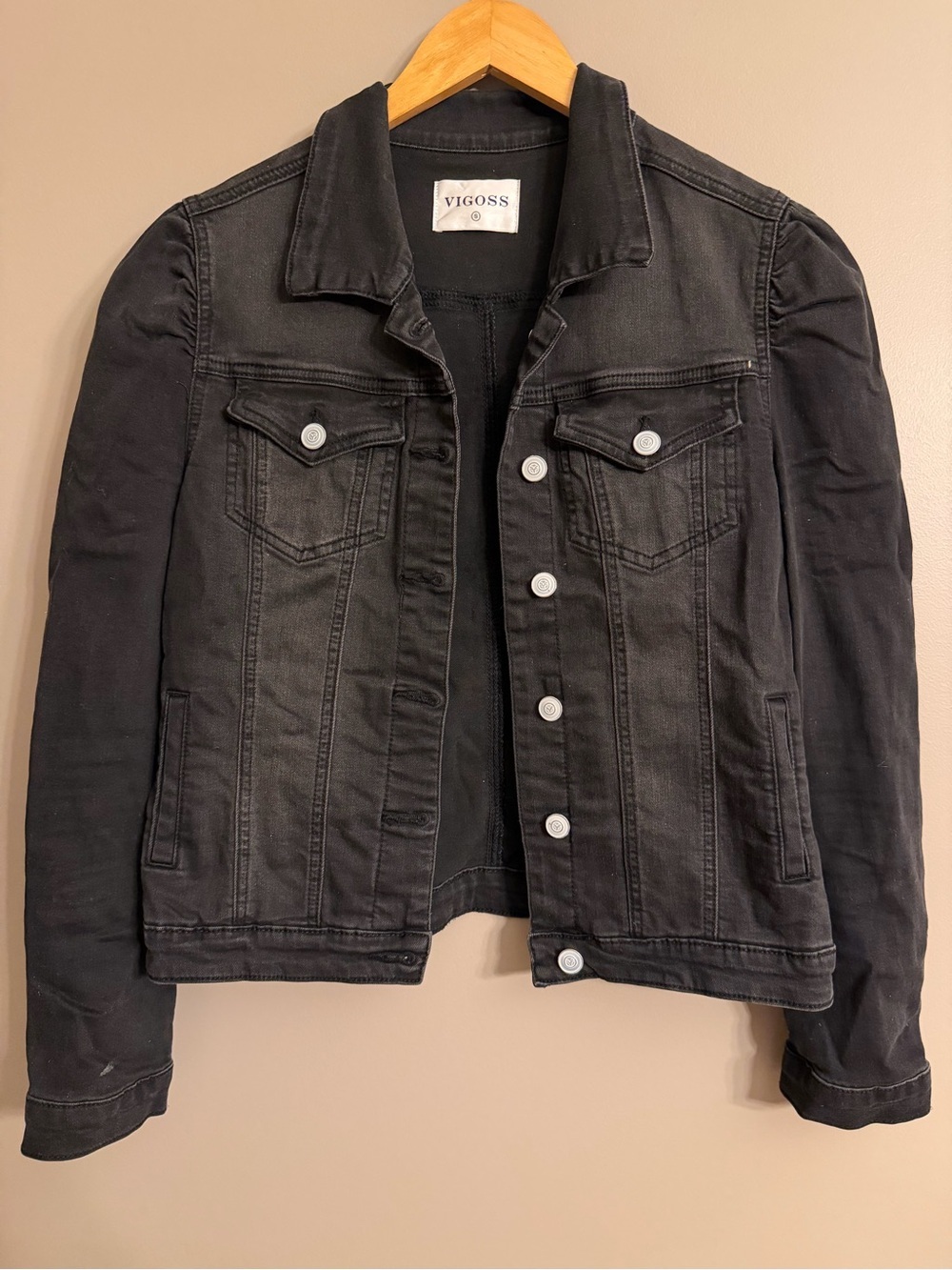 Vigoss Washed Black Puff Sleeve Denim Jacket Trucker Jean Coat Small